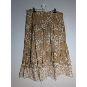 Coldwater Creek Tiered Knee Length Skirt Brown Block Print Stretch Waist L/XL